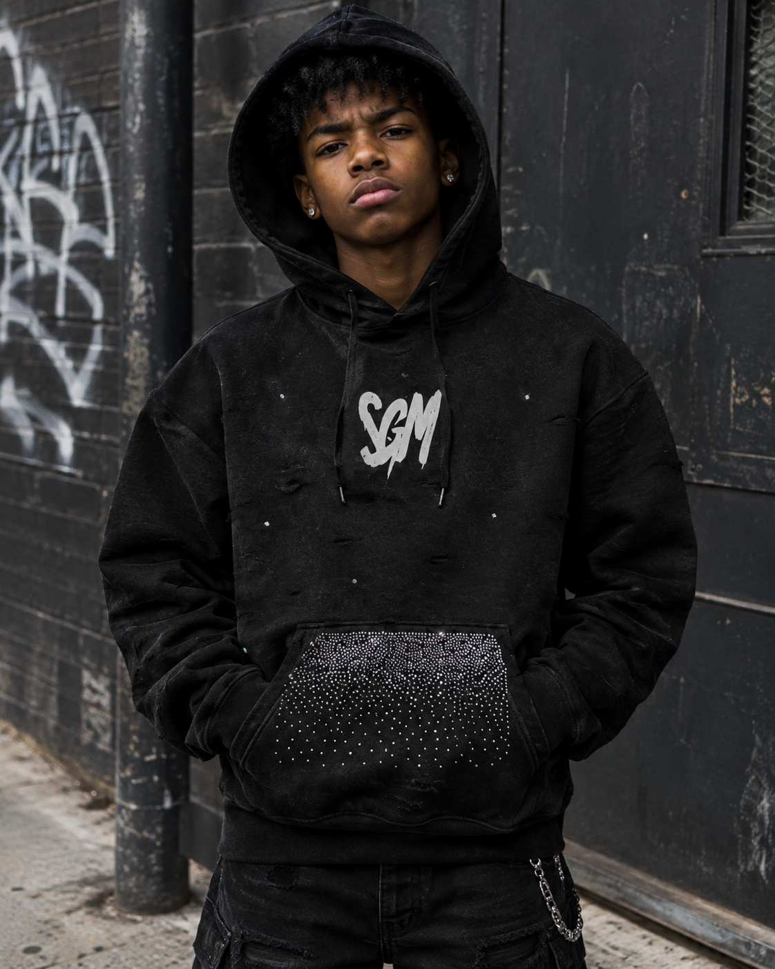 RIPPED RHINESTONE HOODIE