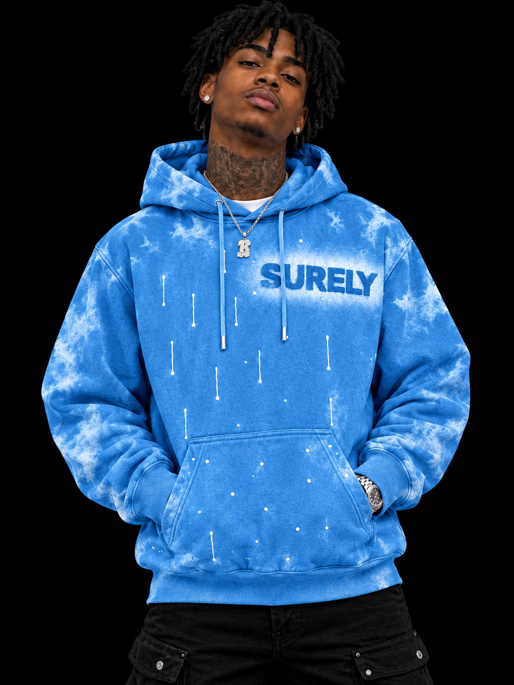 SURELY SKY BLUE HOODIE WITH RAINDROP AND DRIPPING PAINT WITH CLOUD