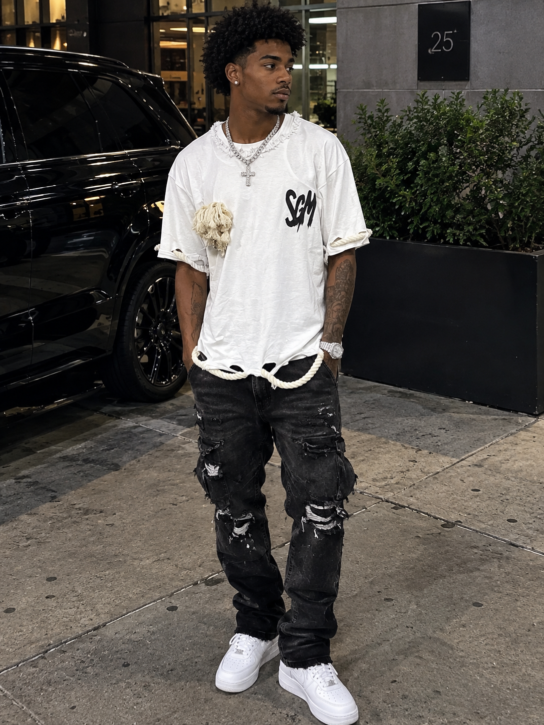 WHITE SGM ROPE CROP T-SHIRT